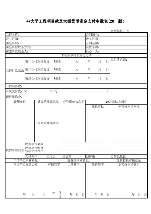 工程项目款及大额货币资金支付审批表