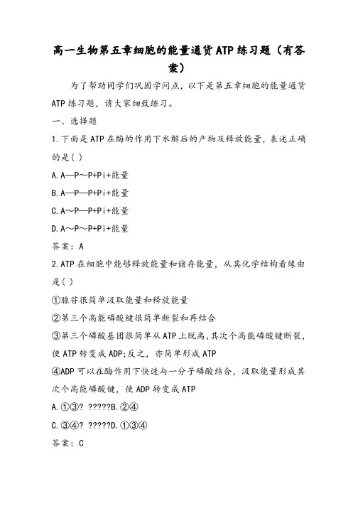 高一生物第五章细胞的能量通货ATP练习题(有答案)