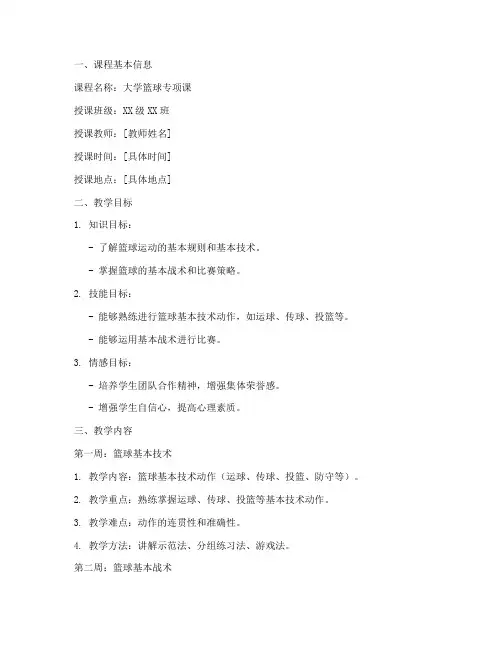 大学篮球专项课教案全套