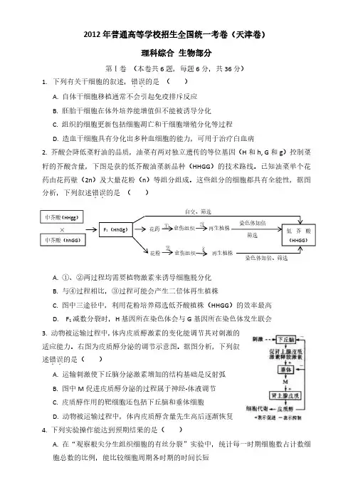 2012年天津高考生物试题及答案