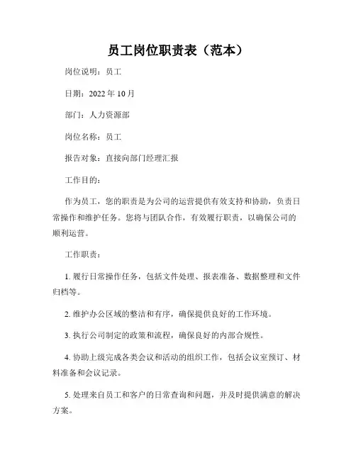 员工岗位职责表(范本)