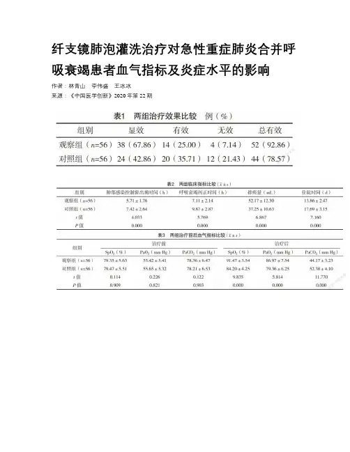 纤支镜肺泡灌洗治疗对急性重症肺炎合并呼吸衰竭患者血气指标及炎症水平的影响