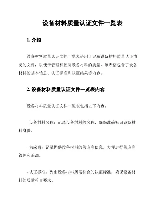 设备材料质量认证文件一览表