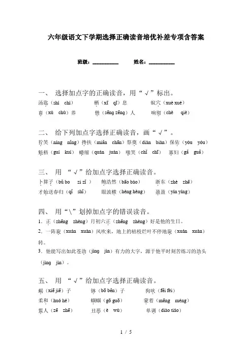 六年级语文下学期选择正确读音培优补差专项含答案