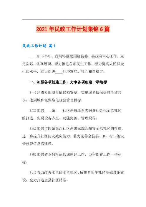 2021年民政工作计划集锦6篇