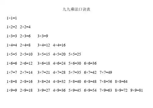二年级上册九九乘法口诀表(语文版和数学版)