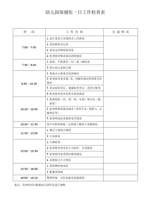 幼儿园保健医一日工作检查表