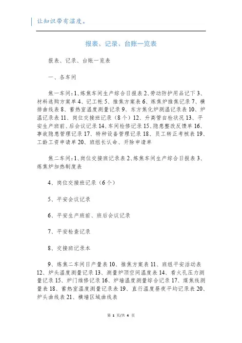 报表、记录、台账一览表