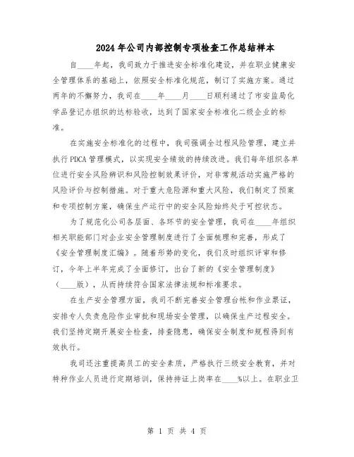 2024年公司内部控制专项检查工作总结样本（二篇）