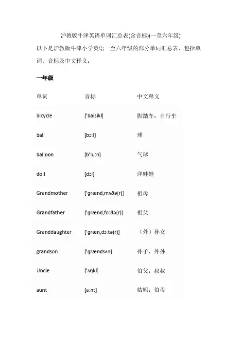 沪教版牛津英语单词汇总表(含音标)(一~六年级)