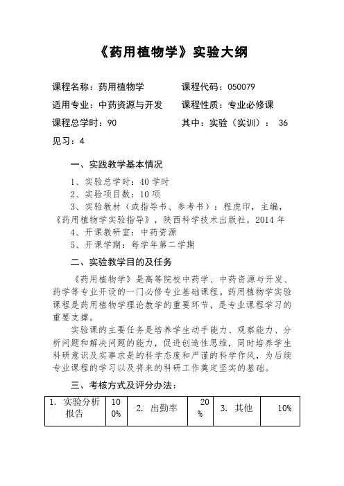 陕中大《药用植物学》实验大纲(中药资源与开发)
