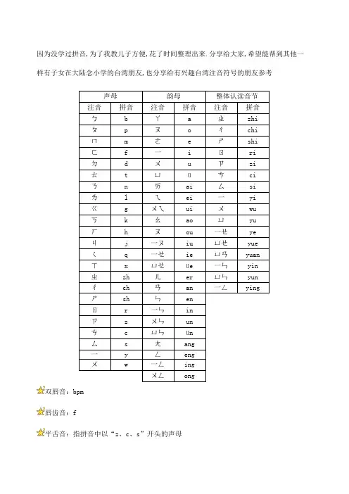 台湾注音符号和拼音对照表