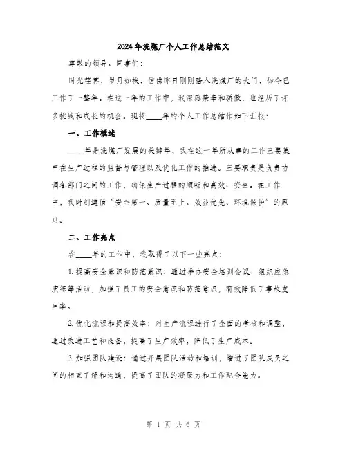 2024年洗煤厂个人工作总结范文(2篇)