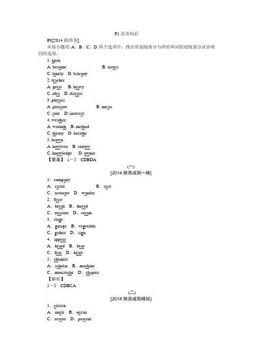 2014高考真题+模拟新题 英语分类汇编：P单元  陕西 纯word版解析可编辑
