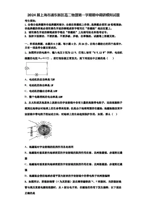 2024届上海市浦东新区高二物理第一学期期中调研模拟试题含解析