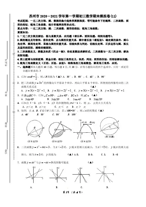 苏州市2020-2021学年第一学期初三数学期末模拟卷(11)含参考答案