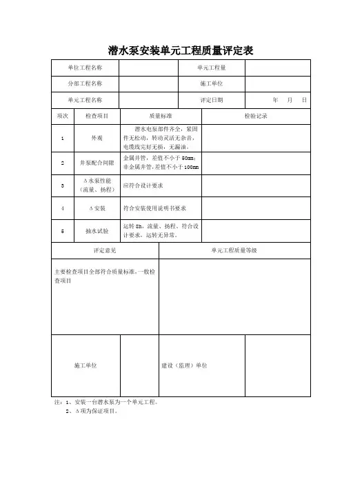 潜水泵安装单元工程质量评定表(全表)