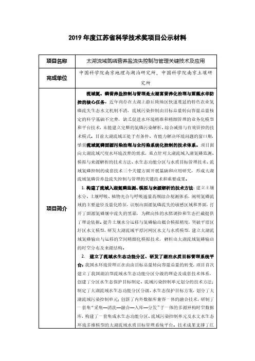 2019年度江苏省科学技术奖项目公示材料
