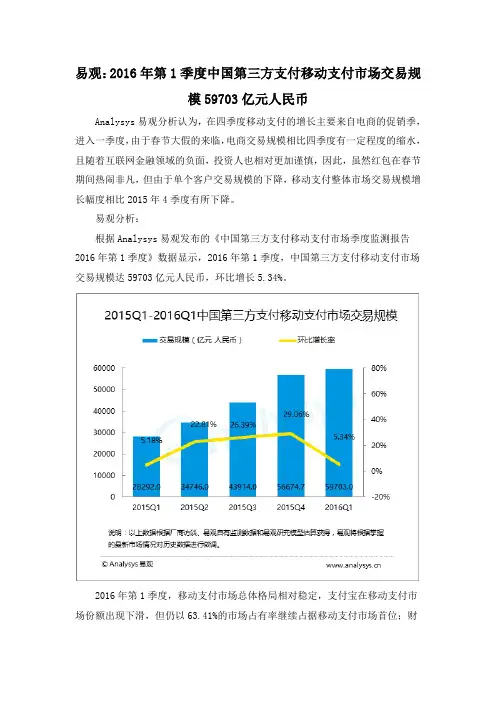 易观：2016年第1季度中国第三方支付移动支付市场交易规模59703亿元人民币