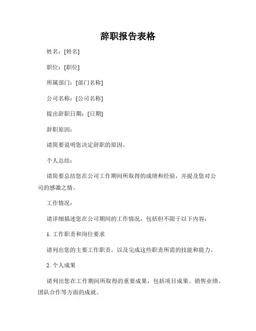辞职报告表格