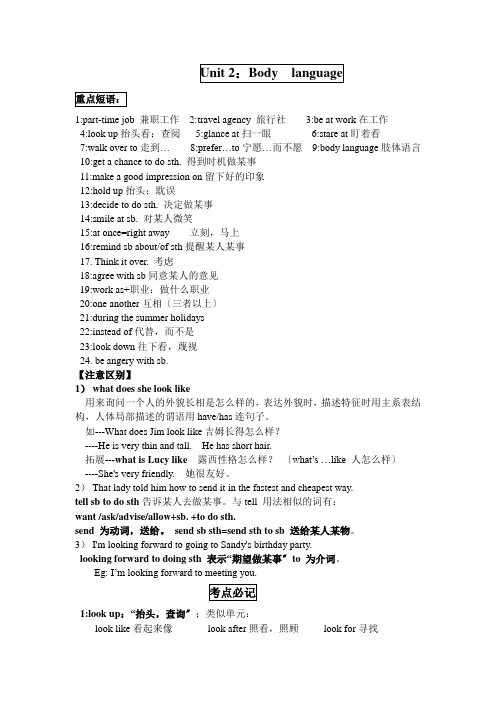 2022年牛津深圳版英语八下Unit 2《Body language》word重点内容整理