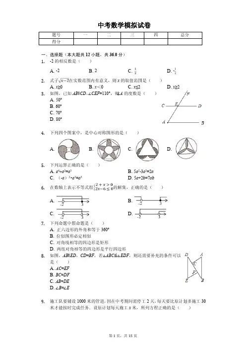 2020年中考数学全真模拟试卷6套附答案(适用于湖南省长沙市) 