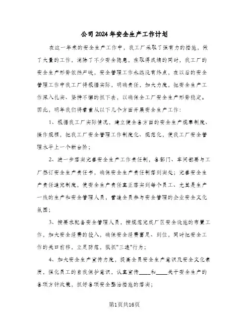 公司2024年安全生产工作计划（五篇）