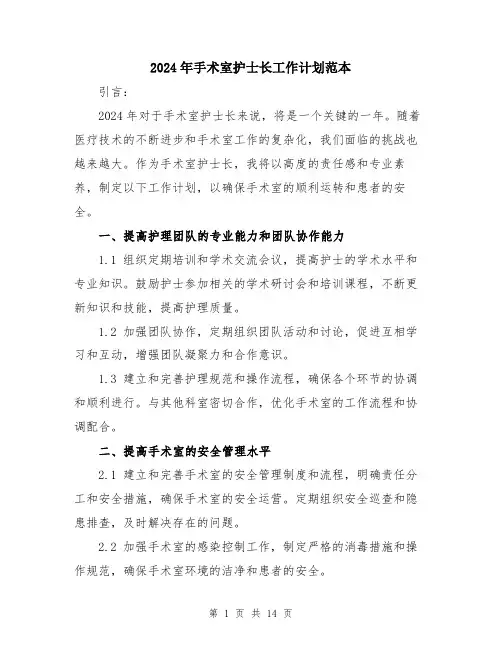 2024年手术室护士长工作计划范本（5篇）