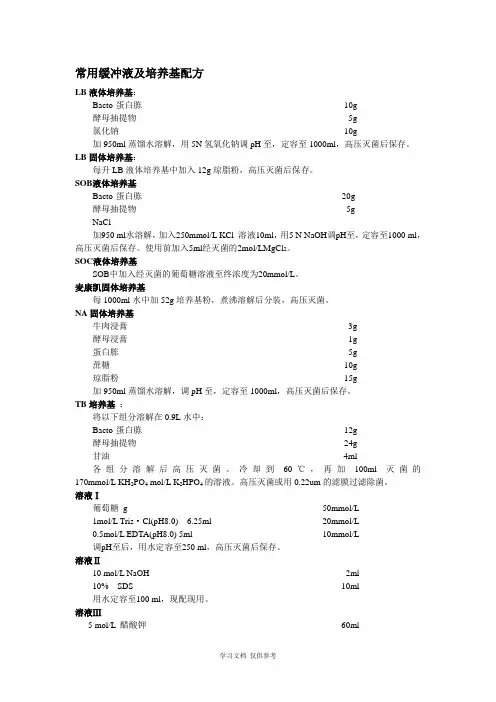 常用缓冲液及培养基配方