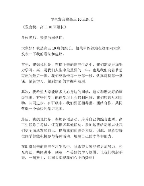学生发言稿高三10班组长