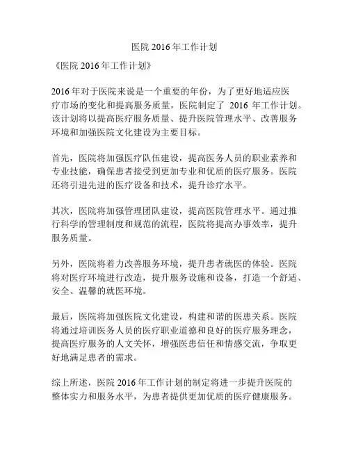 医院2016年工作计划