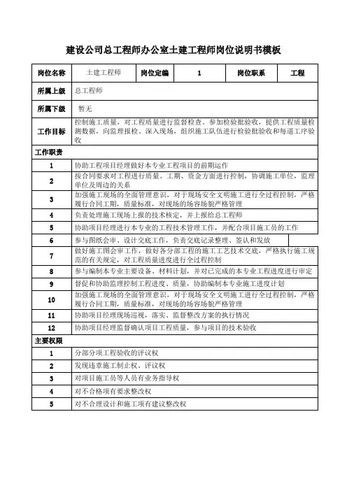 建设公司总工程师办公室土建工程师岗位说明书模板