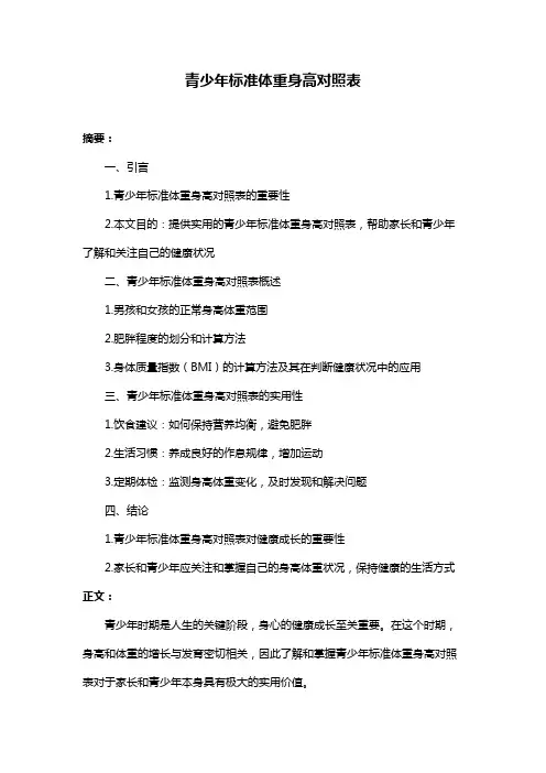 青少年标准体重身高对照表