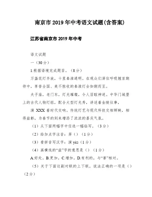 南京市2019年中考语文试题(含答案)