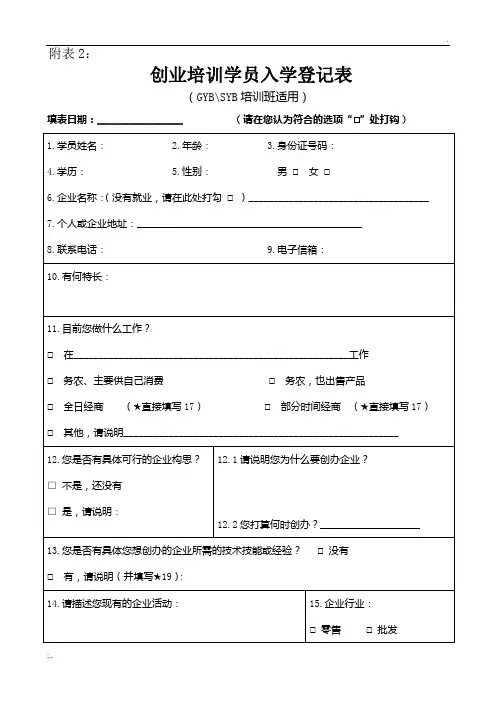 附表2创业培训学员入学登记表(GYB、SYB学员班适用)