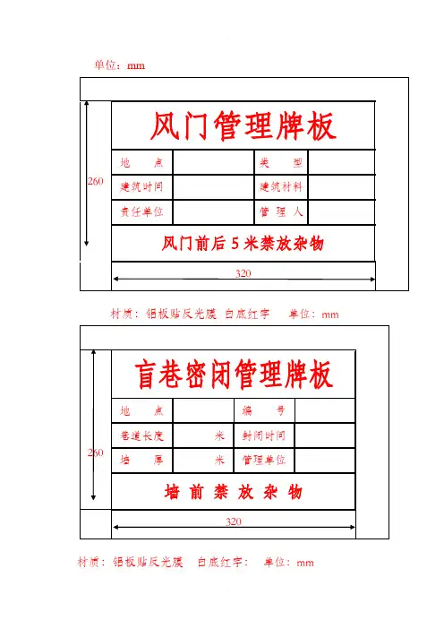 煤矿各类管理牌板制作尺寸标准