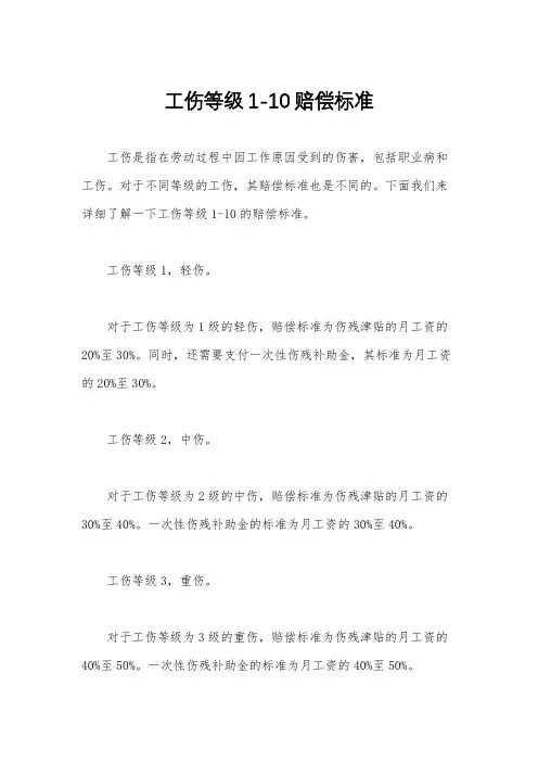 工伤等级1-10赔偿标准