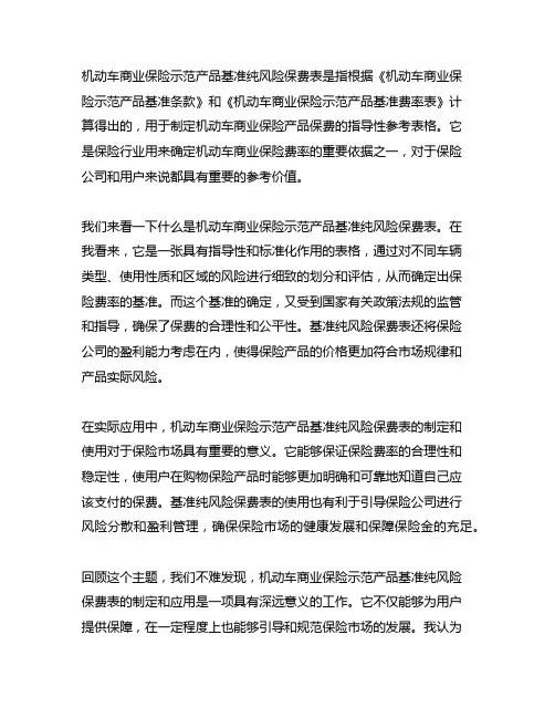 机动车商业保险示范产品基准纯风险保费表