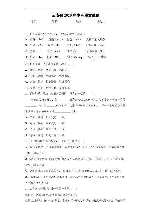 云南省2020年中考语文试题
