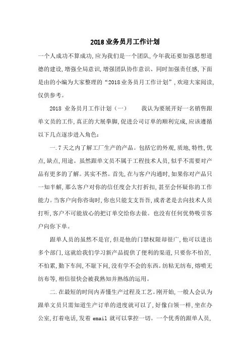 2018业务员月工作计划-最新范文