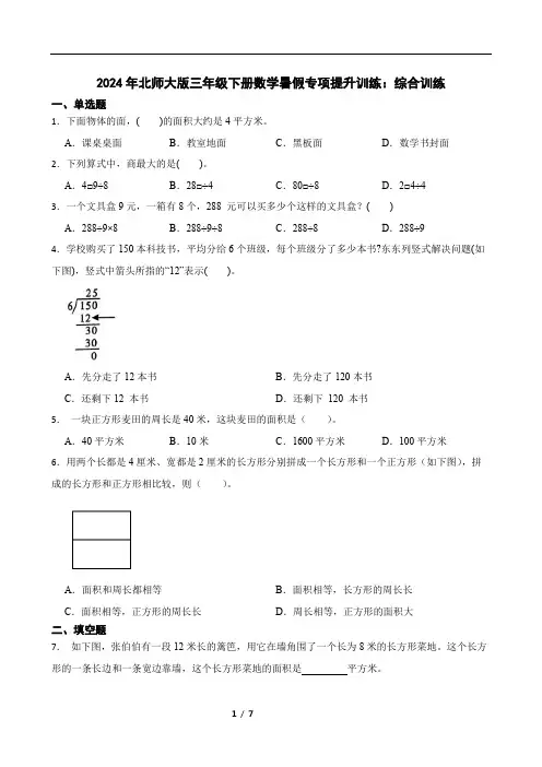 2024年北师大版三年级下册数学暑假专项提升训练：综合训练