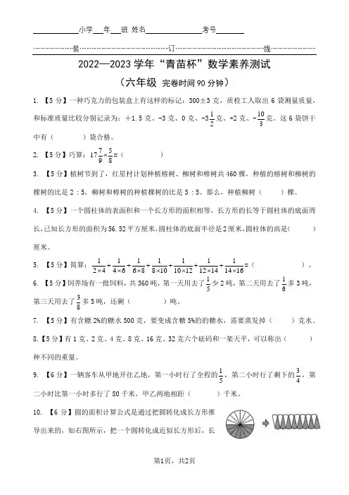 2023年青苗杯数学竞赛试卷(六年级)