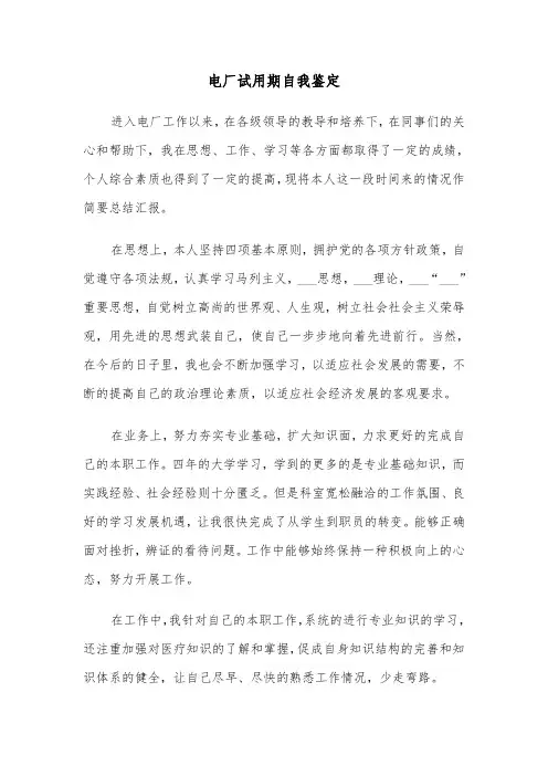 电厂试用期自我鉴定（2篇）