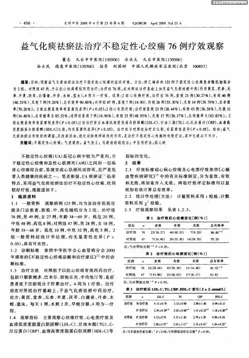 益气化痰祛瘀法治疗不稳定性心绞痛76例疗效观察
