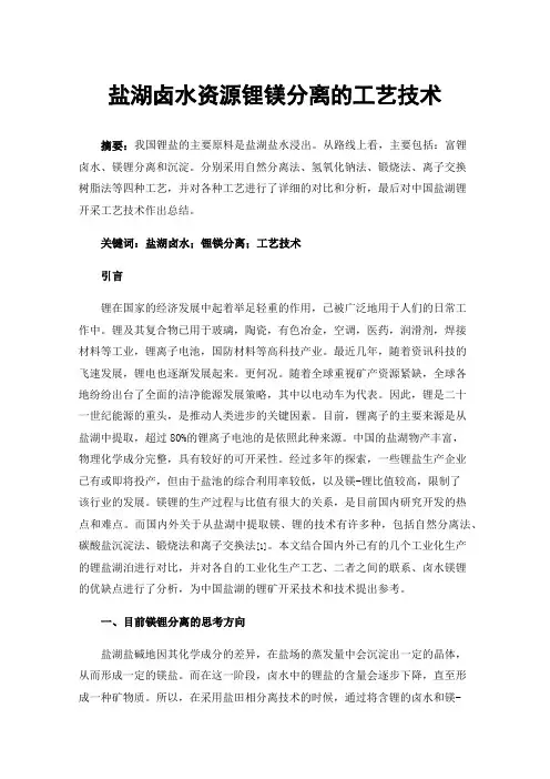盐湖卤水资源锂镁分离的工艺技术