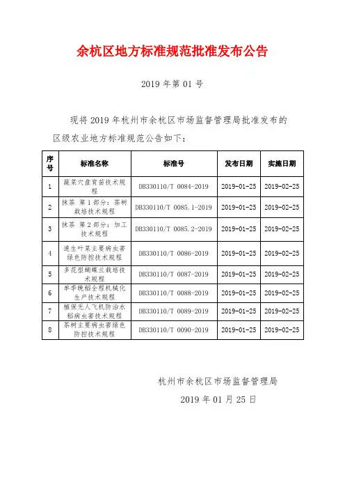 余杭区地方标准规范批准发布公告