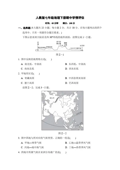 人教版七年级地理下册期中学情评估 附答案 (1)