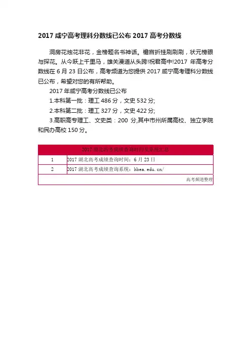 2017咸宁高考理科分数线已公布2017高考分数线