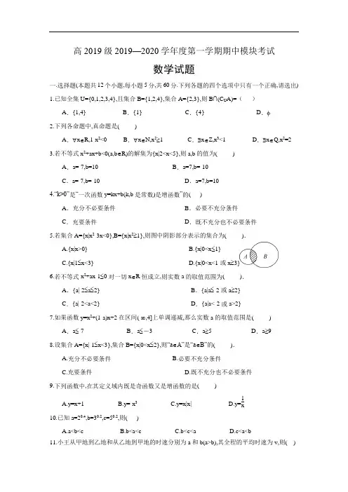 山东省济宁市第一中学2020-2021学年高一上学期期中模块考试——数学试题