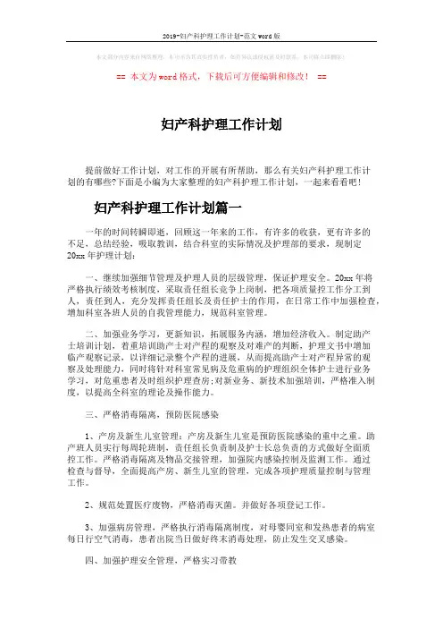 2019-妇产科护理工作计划-范文word版 (5页)